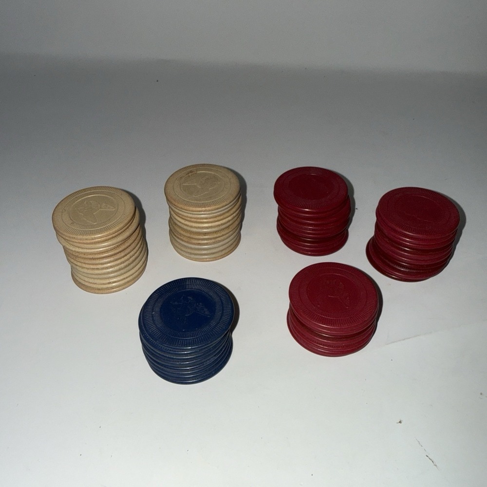 59 Vintage Clay Peau Doux (PO-DO) Boston Terrier Poker Chips Red Blue Cream